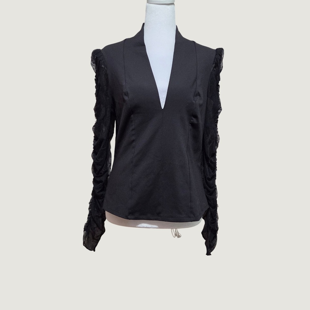 Intimately Free People Black Ruched Mesh Polka Dot Sleeve Deep V-Neck Top Large